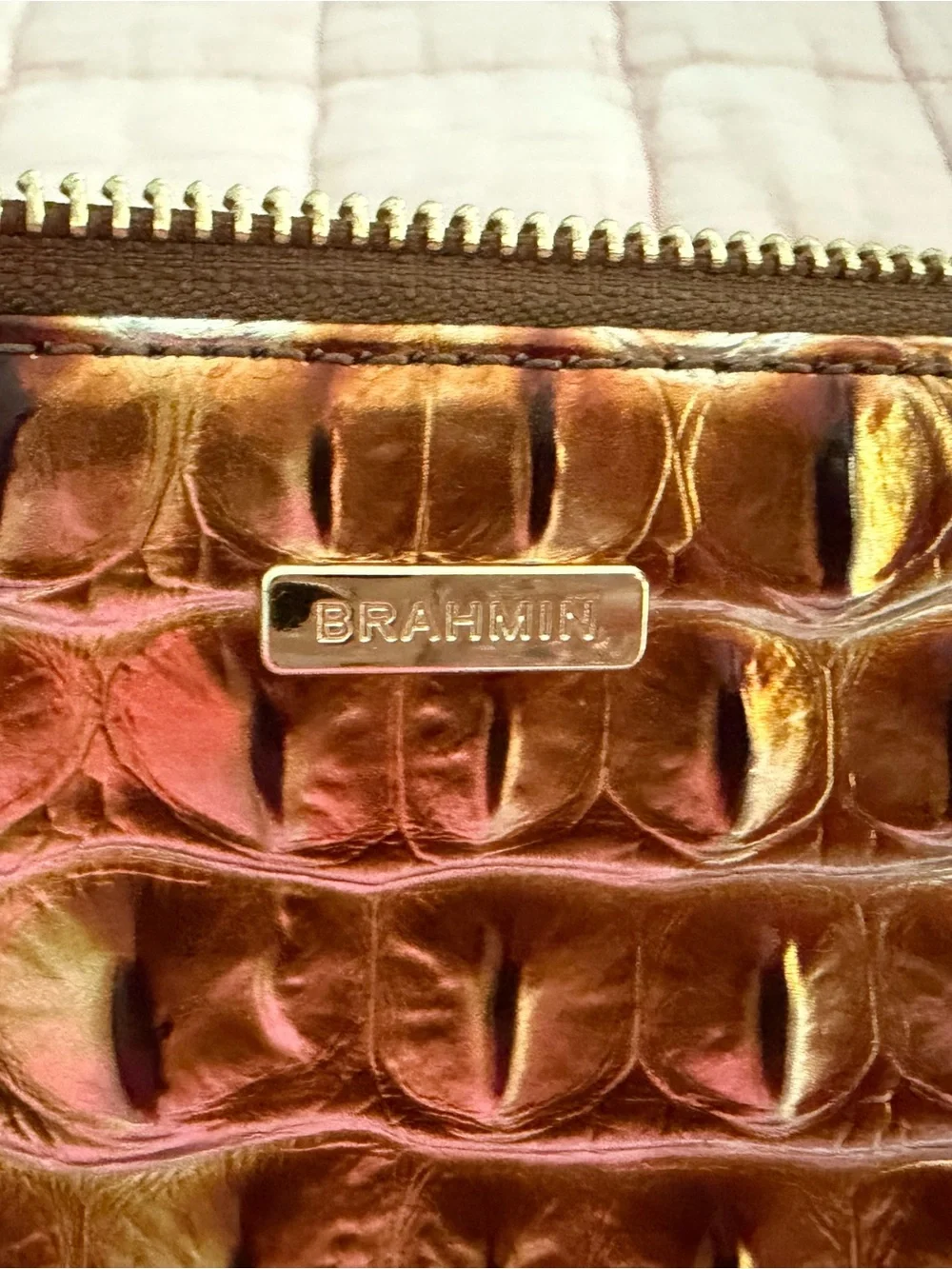 Brahmin Iridescent Croc-Embossed Clutch in Gold and silver